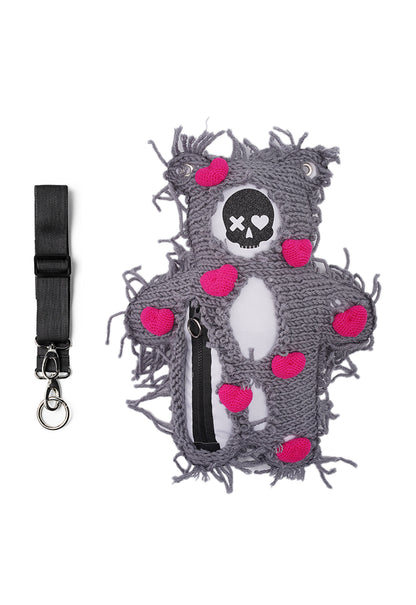 White | Gray Semi-Wool Coat & Fuchsia Hearts | Spooky SkullBEARS Valentine's Edition Bear Bag