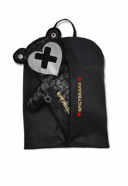 Black Leo Faux Suede | Black Velvet | Silver Glitter Heart Edition Bear Bag