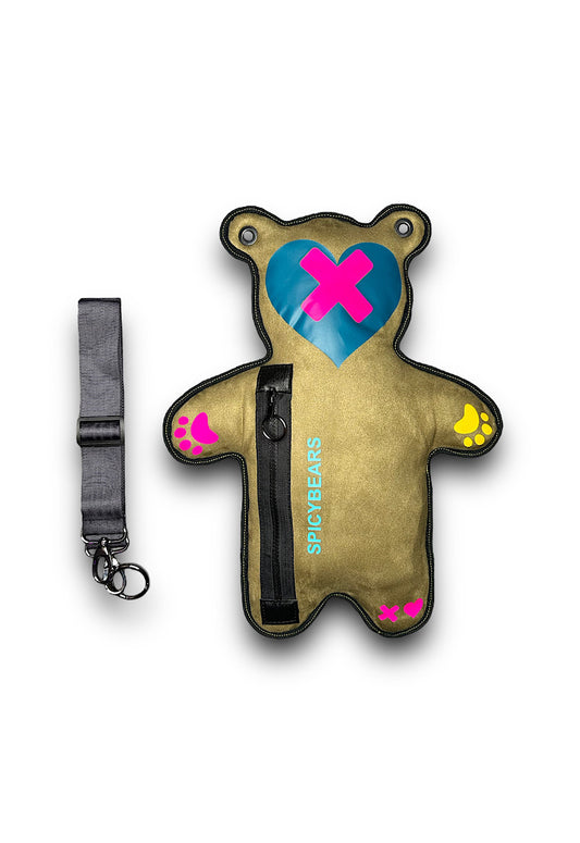 Browny Green Faux Suede | Neon Pink | Dark Teal Heart Edition Bear Bag